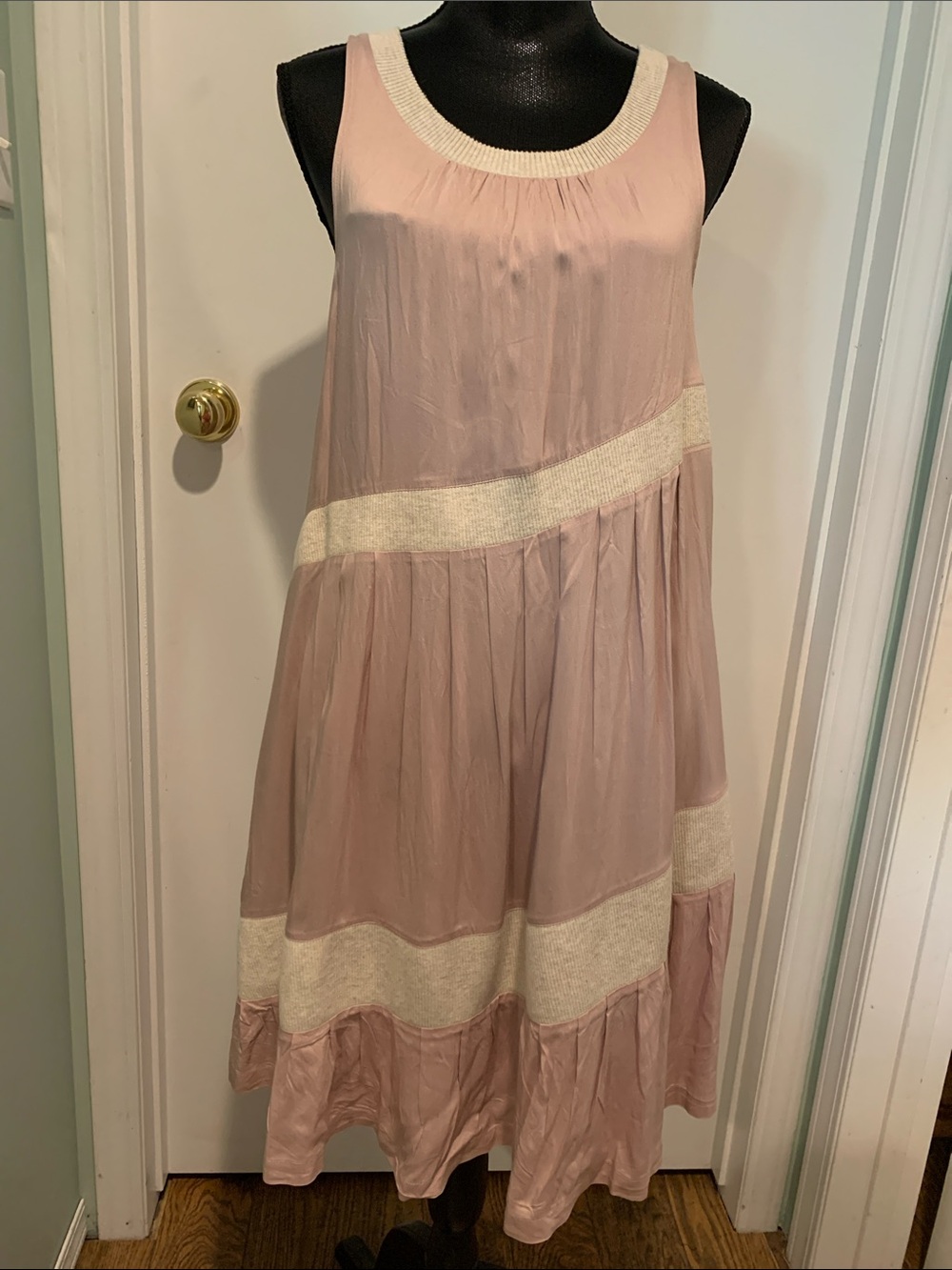 Maeve Dusty Rose Swing Dress with Cream Ribbed Neckline and Diagonal Panels.